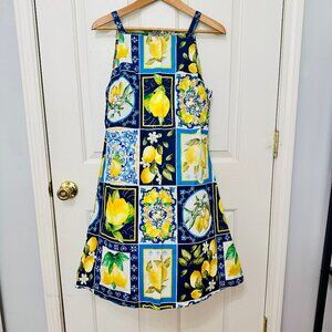 BELLAMBRA SANTORINI VIBE BLUE LEMON TILE PRINTS FIT AND FLARE DRESS ITALY